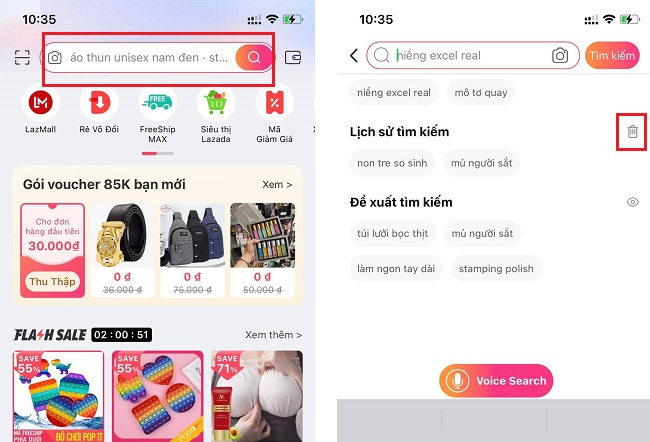 xoa lich su tim kiem tren Lazada 