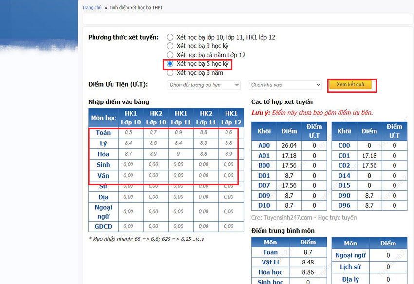 Web tinh diem xet hoc ba 5 ky tren tuyensinh247