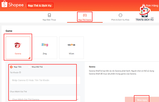 cach mua the gam tren shopee