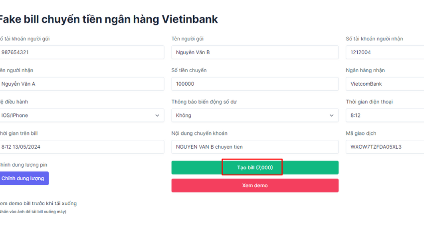 tao bill chuyen tien vietink bank